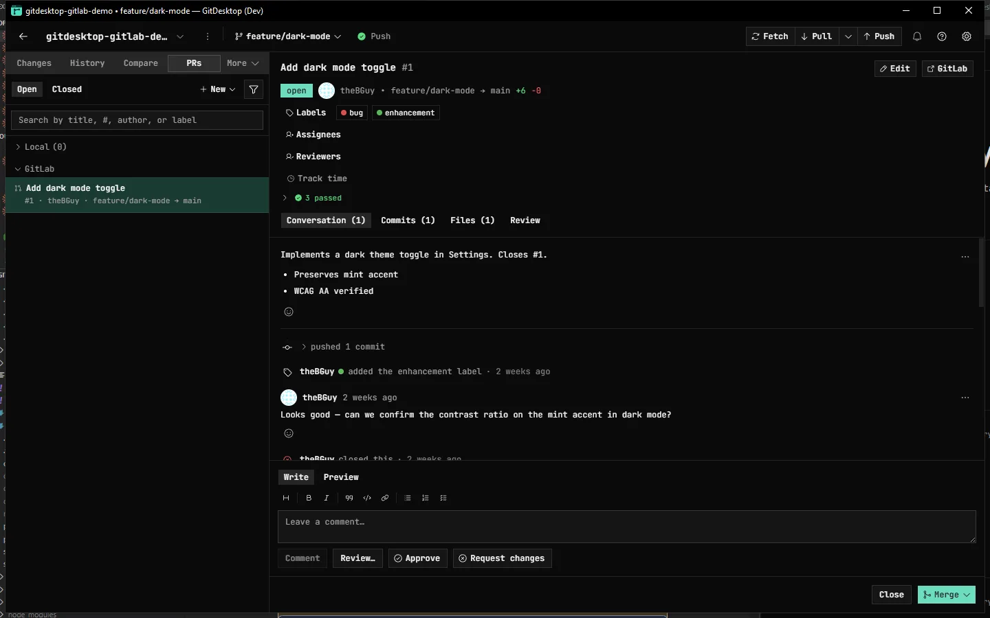 A GitLab merge request in GitDesktop: colored labels, a passing pipeline, an approval, a review comment, and the merge action