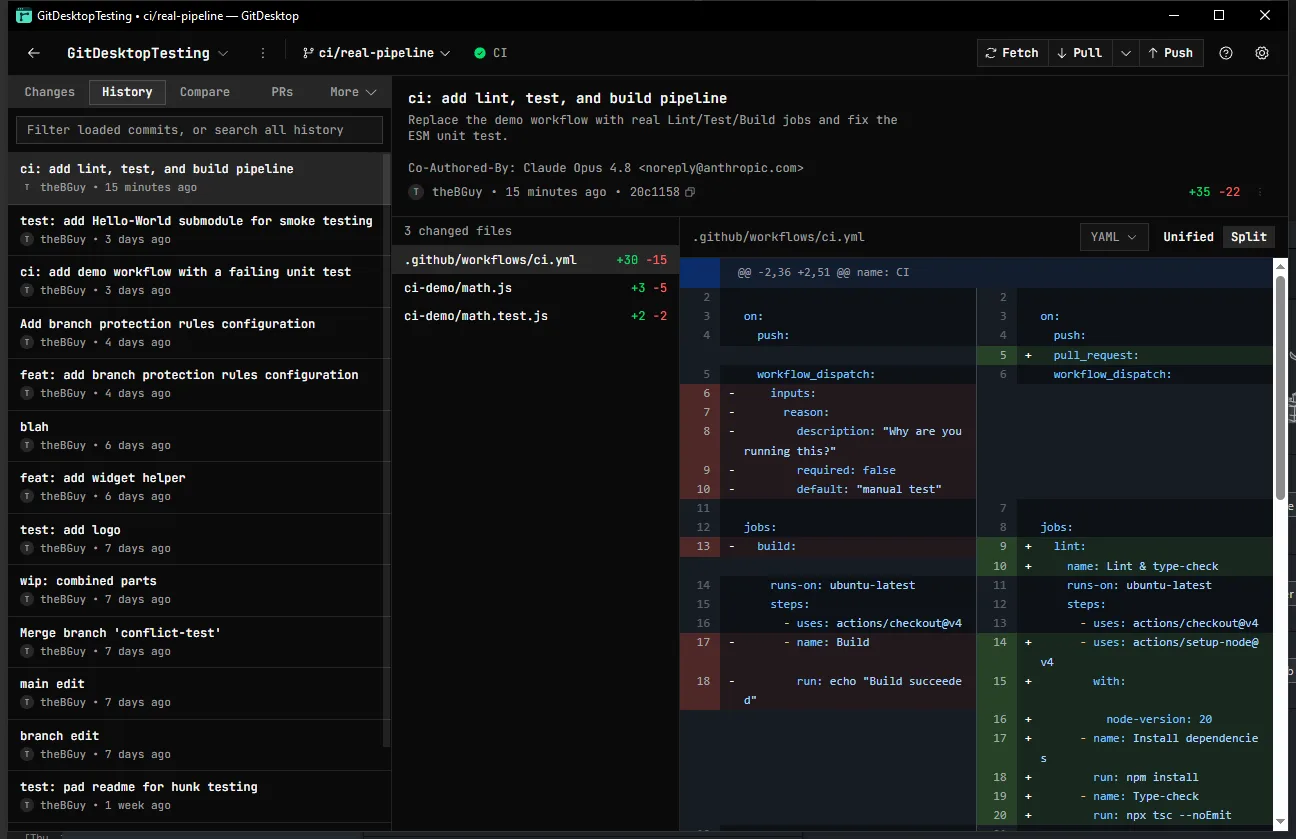 Browsing commit history with a selected commit's changed files and a syntax-highlighted diff
