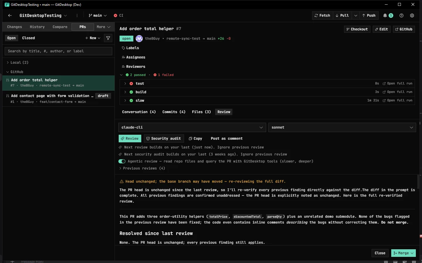 An AI code review re-running on a pull request in GitDesktop — it builds on the previous review round, re-verifies every earlier finding, and lists blocker and should-fix issues with code references